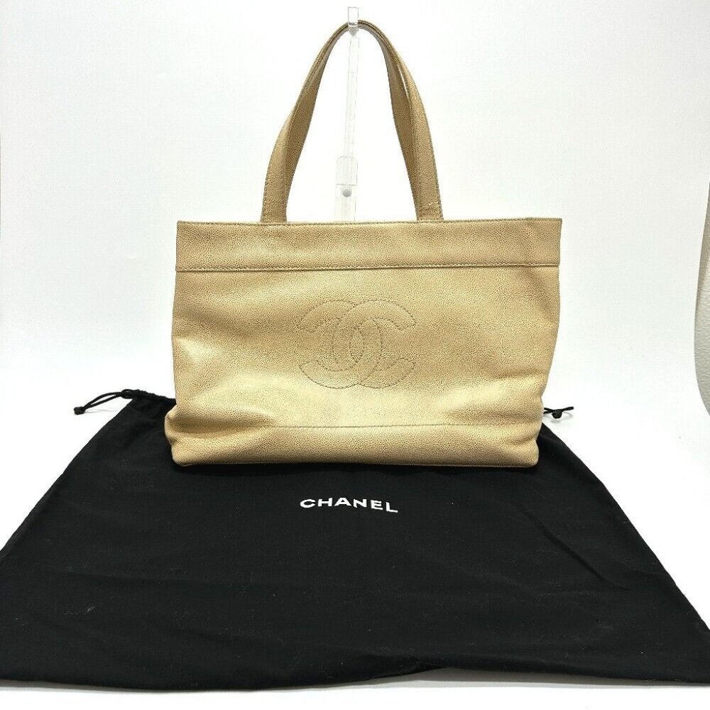 Authentic CHANEL CC Mark CC Bag Tote Bag Caviar Leather Beige